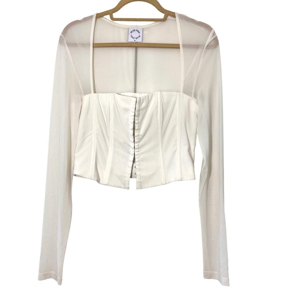 With Jean White Sheer Long Sleeve Crop Corset Top
